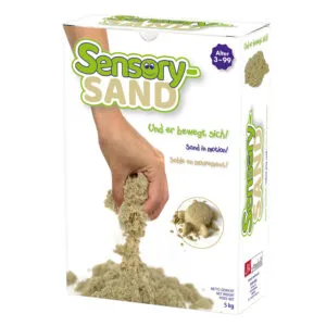 Sensorischer Sand ist kinetischer Sand. Sie müssen diesen Spielsand gesehen und gespürt haben. Man kann damit kneten, Formen machen, es klebt nicht und trocknet nicht aus