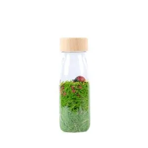 Petit boum Sound Bottle Ladybirds ist eine sensorische Flasche, die mit Gras und Marienkäfern gefüllt ist. Schütteln, zuhören und zuschauen.