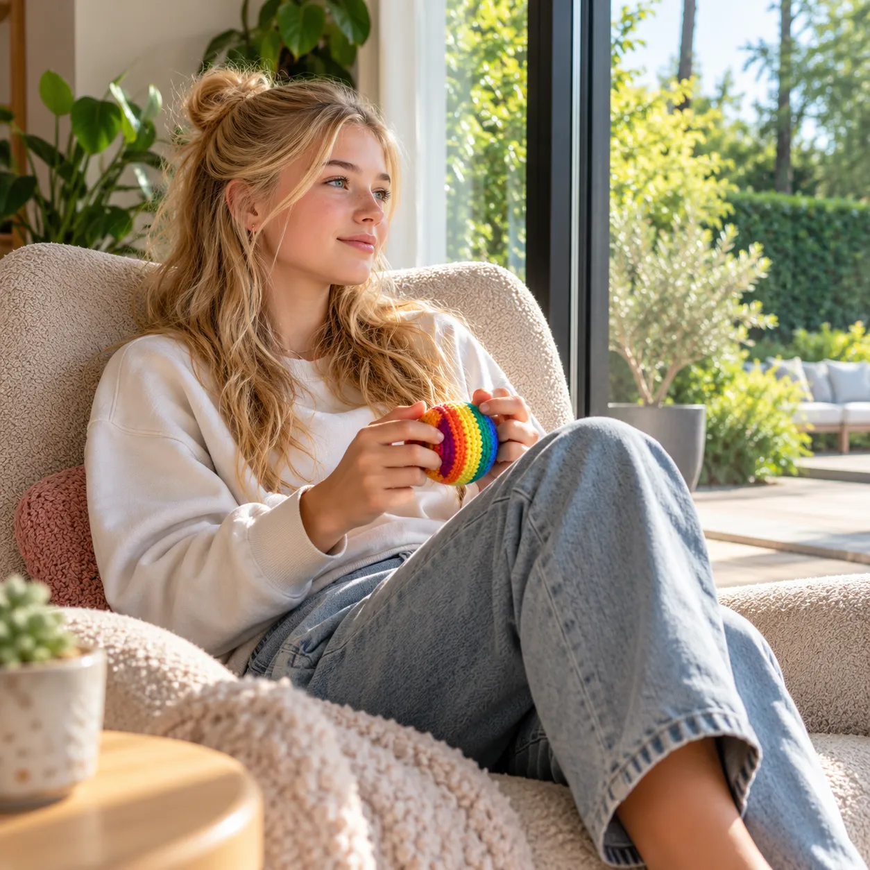 Meisje van 15 jaar friemelt ontspannen met een kleurrijke, gehaakte stressbal in een relaxstoel bij een grote schuifpui met uitzicht op een groene tuin.