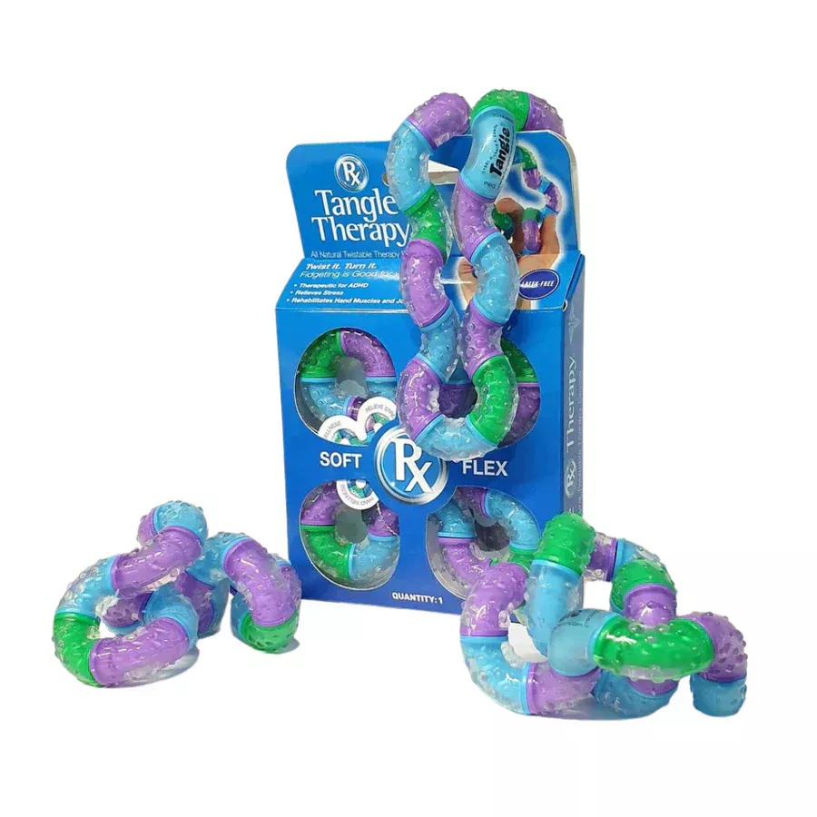 Die Tangle-Therapie enthält eine strukturierte Silikonhülle und ist eine endlose Bewegung. Man hält das Tangle in ein oder zwei Händen und dreht, formt und biegt. Es gibt kein richtig und kein falsch. Kein Beispiel und kein Ziel.