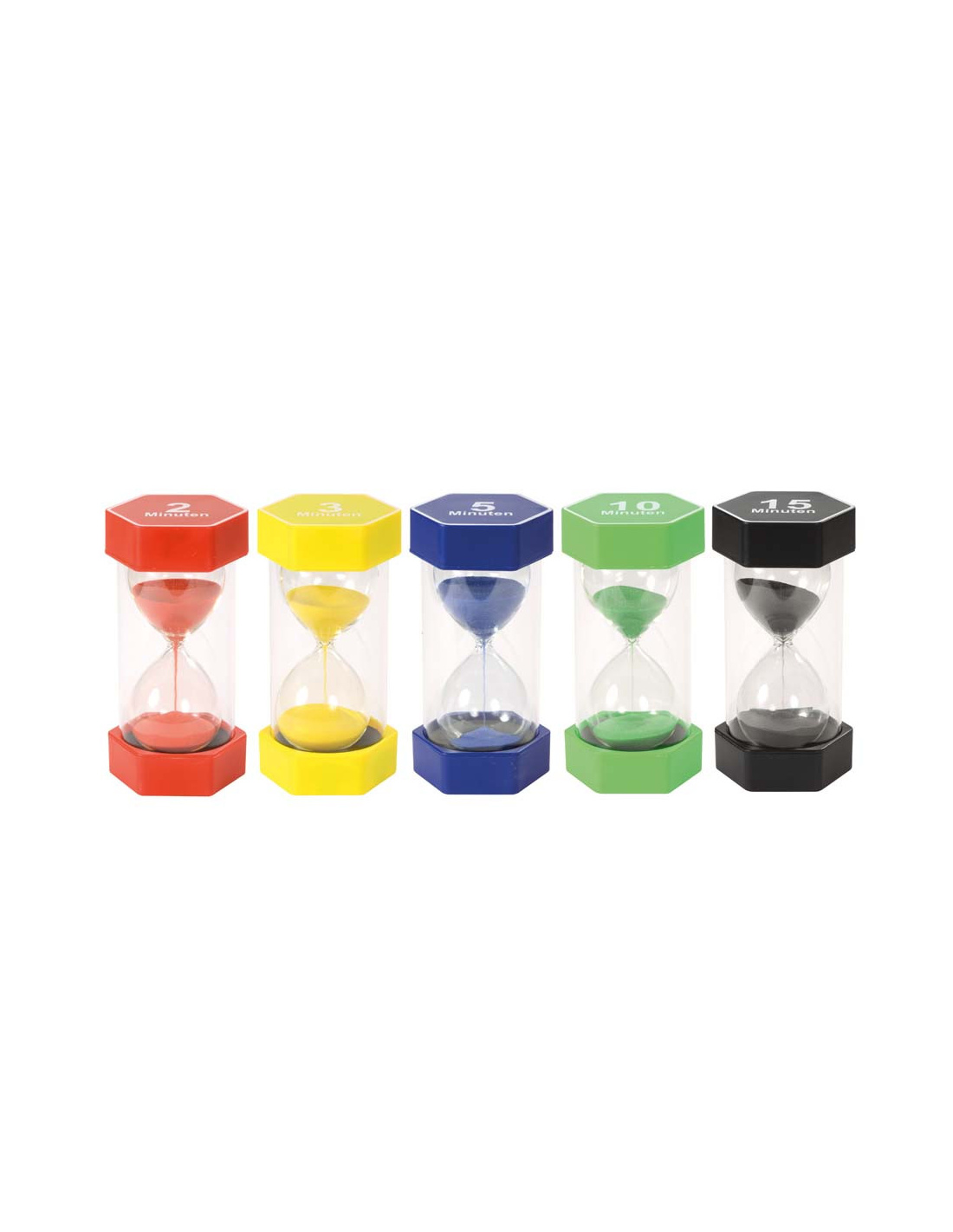 Visualisieren Sie die Zeit mit diesem Sanduhr-Set. Das Set besteht aus 5 Teilen mit unterschiedlichen Zeiteinheiten. Ideal für Zuhause und Klassenzimmer.
