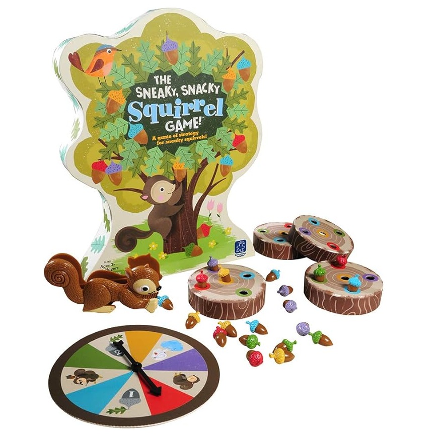 Das Sneaky Snacky Squirrel-Spiel ist ein Strategiespiel für die ganze Familie, das taktisches Denken, Hand-Auge-Koordination, Feinmotorik und Matching lehrt.