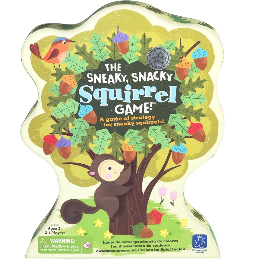 Das Sneaky Snacky Squirrel-Spiel ist ein Strategiespiel für die ganze Familie, das taktisches Denken, Hand-Auge-Koordination, Feinmotorik und Matching lehrt.