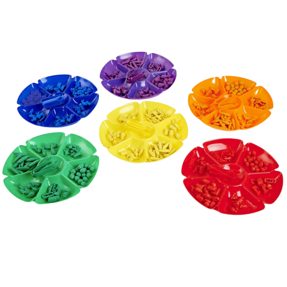 Set van 6 grote sorteerschalen in bloemenvorm. Deze grote schalen zijn ideaal voor alle tel-, sorteer- en classificatiewerkzaamheden.