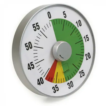 Timer Silent Traffic Light ist eine Stechuhr, bei der die verstrichene Zeit in 3 Farbfeldern angezeigt wird: Rot bedeutet, dass die letzten Minuten kommen.