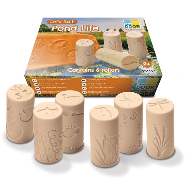 Gelbe Tür Vijverleven-Rollenstempel – Holzstempel mit Teich- und Tiermotiven für Ton- und Sandspiel