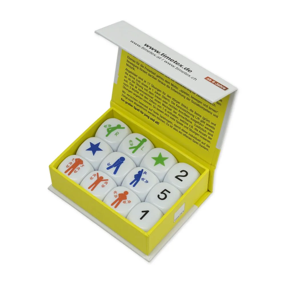 Die Würfelsatzbewegungen sind sozusagen eine Art Storywürfel, mit denen man Kinder spielerisch dazwischen bewegen lassen kann. Praktischer Energizer für das Klassenzimmer!