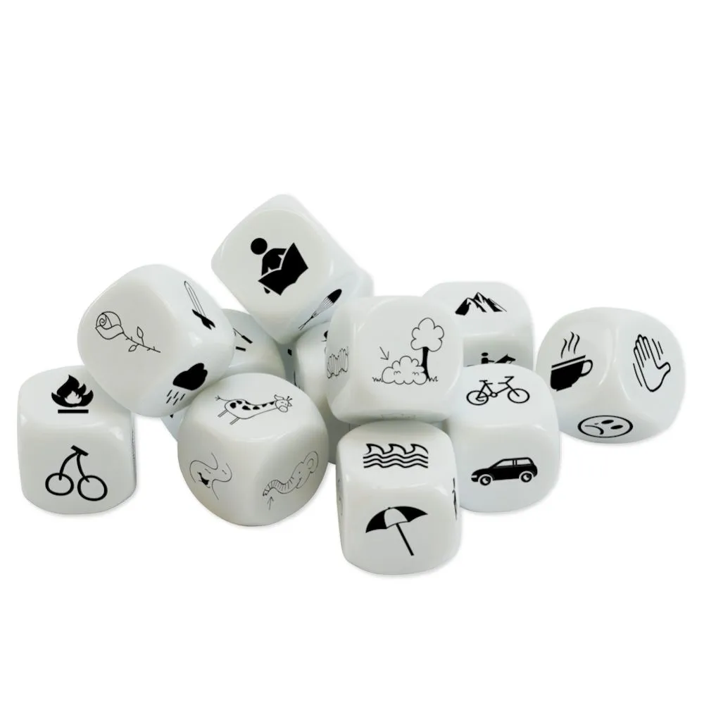 Würfelset Fantasy regt Kreativität und Fantasie an. Kinder würfeln die Würfel mit ein paar Steinen und Formen, basierend auf den Bildern und Geschichten.