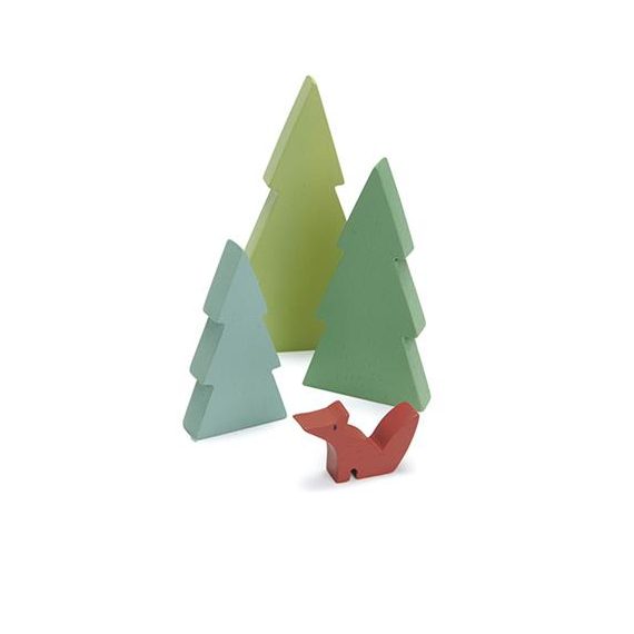 Das Trees Set von Tender Leaf Toys besteht aus 3 einfachen Kiefernsilhouetten, die in verschiedenen Grüntönen gefärbt sind, und einem niedlichen kleinen Fuchs. Dieses Set ist eine schöne Ergänzung zum kleinen Weltspiel.