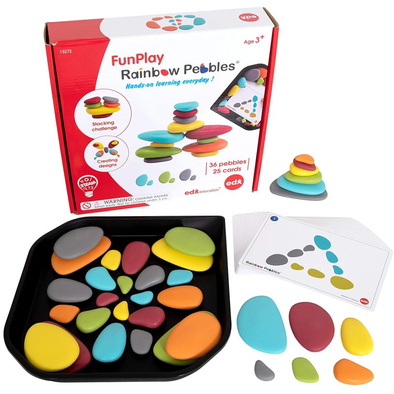 Fun Play Regenbogensteine ist eine schöne Reihe von pädagogischen Spielzeugen für Kleinkinder und Vorschulkinder. Üben Sie das Sortieren, Zählen und Abgleichen, erstellen Sie Muster und verwenden Sie die Aktivitätskarten.