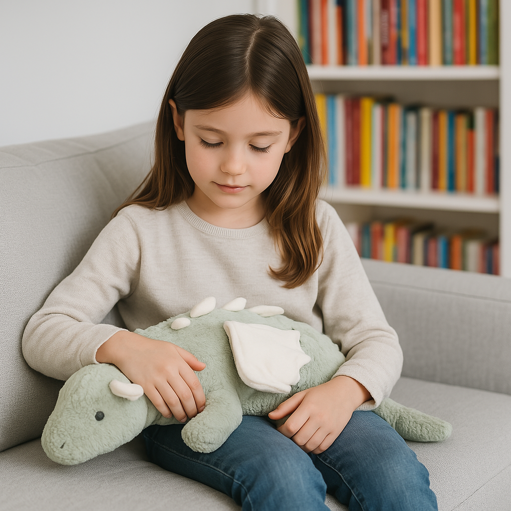 Ein weiches, gewichtetes Kuscheltier in Form eines Drachen mit beruhigenden Farben, das Kindern helfen soll, sich zu entspannen und sich sicher zu fühlen.
