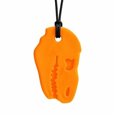 de dino bijtketting in oranje is stoer voor jongens en meiden die kauwen op kleding of potloden
