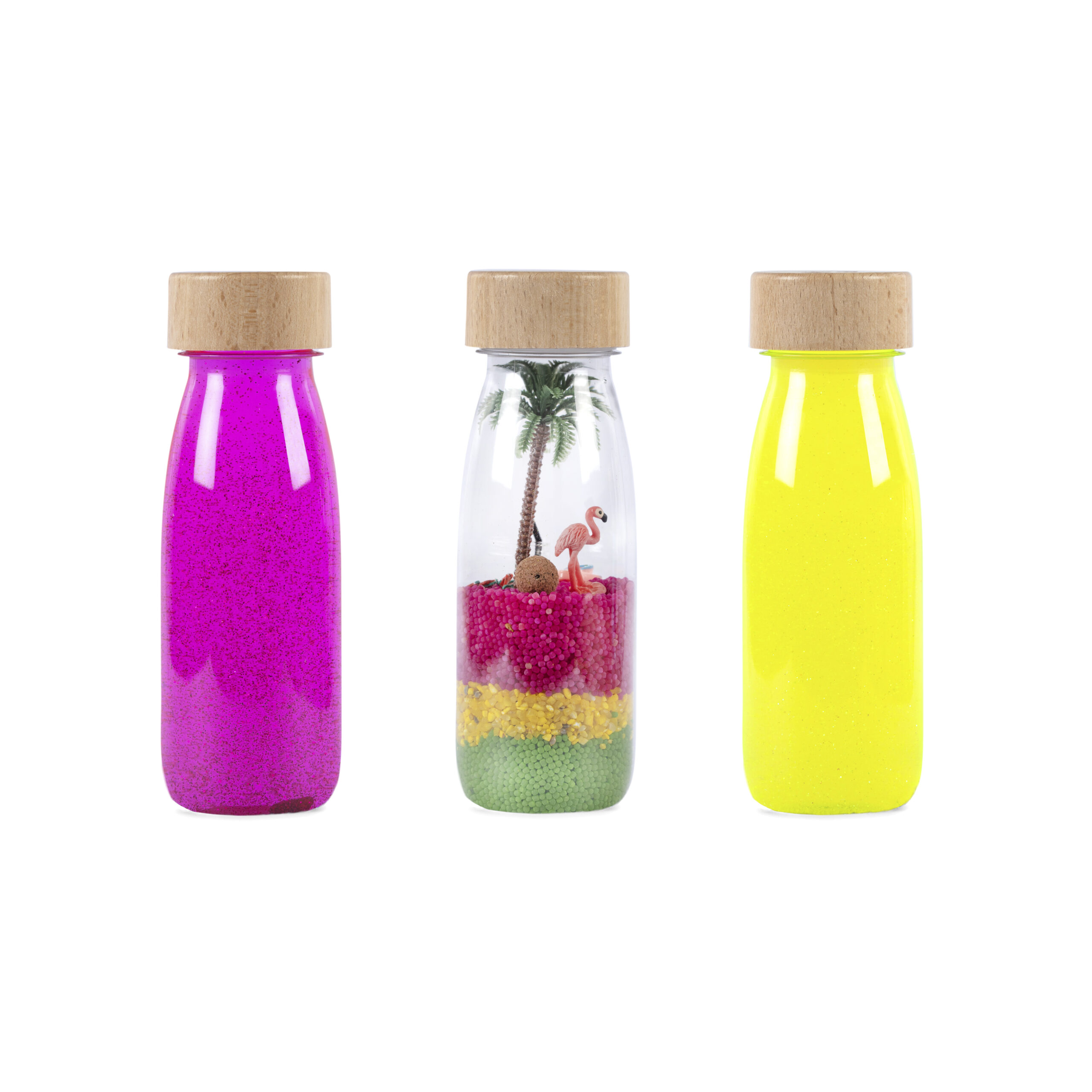 Petit Boum Sensory Bottles, eine Auswahl mit dem Thema Paradies, Schwimmerflasche und Flamingoflasche