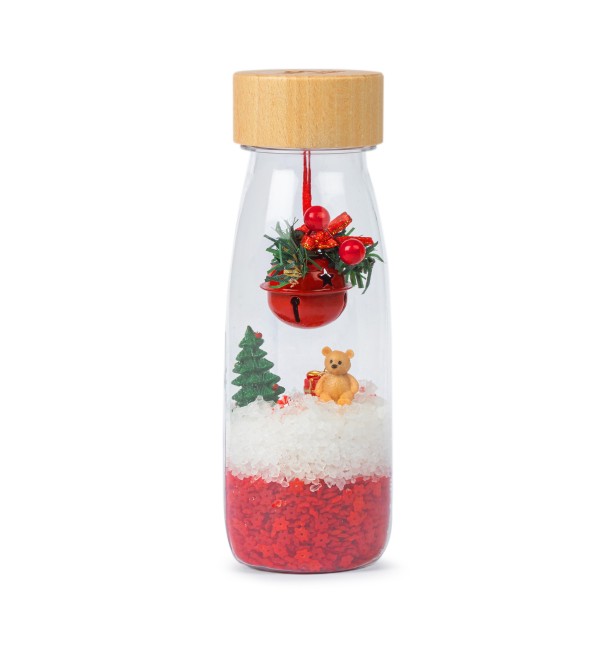 Petit Boum Sensory Bottle Christmas ist eine weihnachtliche Flasche für neugierige Kleine (mit Teddybär, großer Glocke, Weihnachtsbaum, Geschenk, Zuckerstangen)