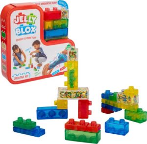 Jelly Blox Set zum Erstellen kreativer Builds. Die Blöcke sind flexibel und etwas weicher, wodurch sie sich hervorragend für kleine Kinder eignen