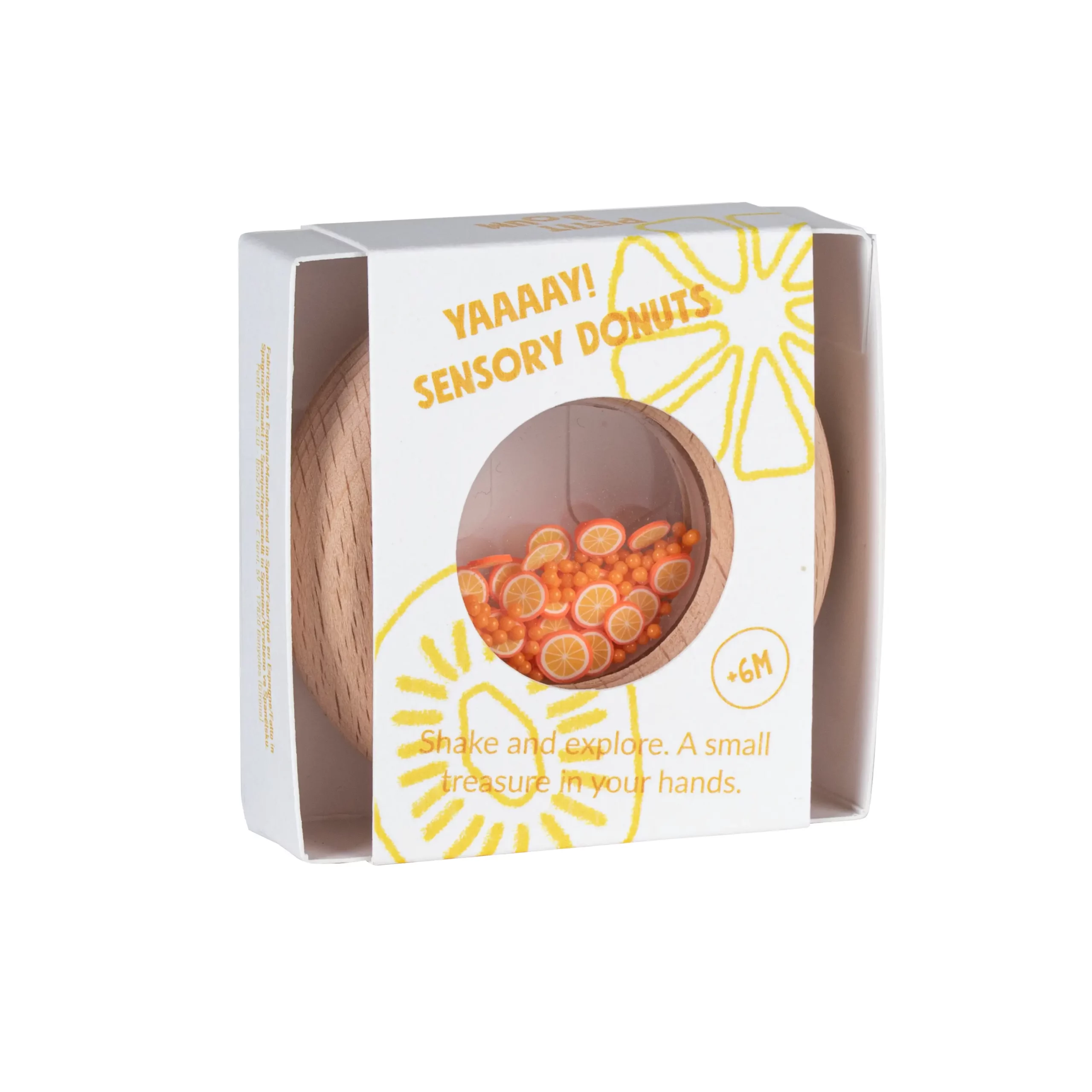 Petit Boum sensorischer Donut Orange ist ein nachhaltiges Holzspielzeug, das die Sinne anregt.