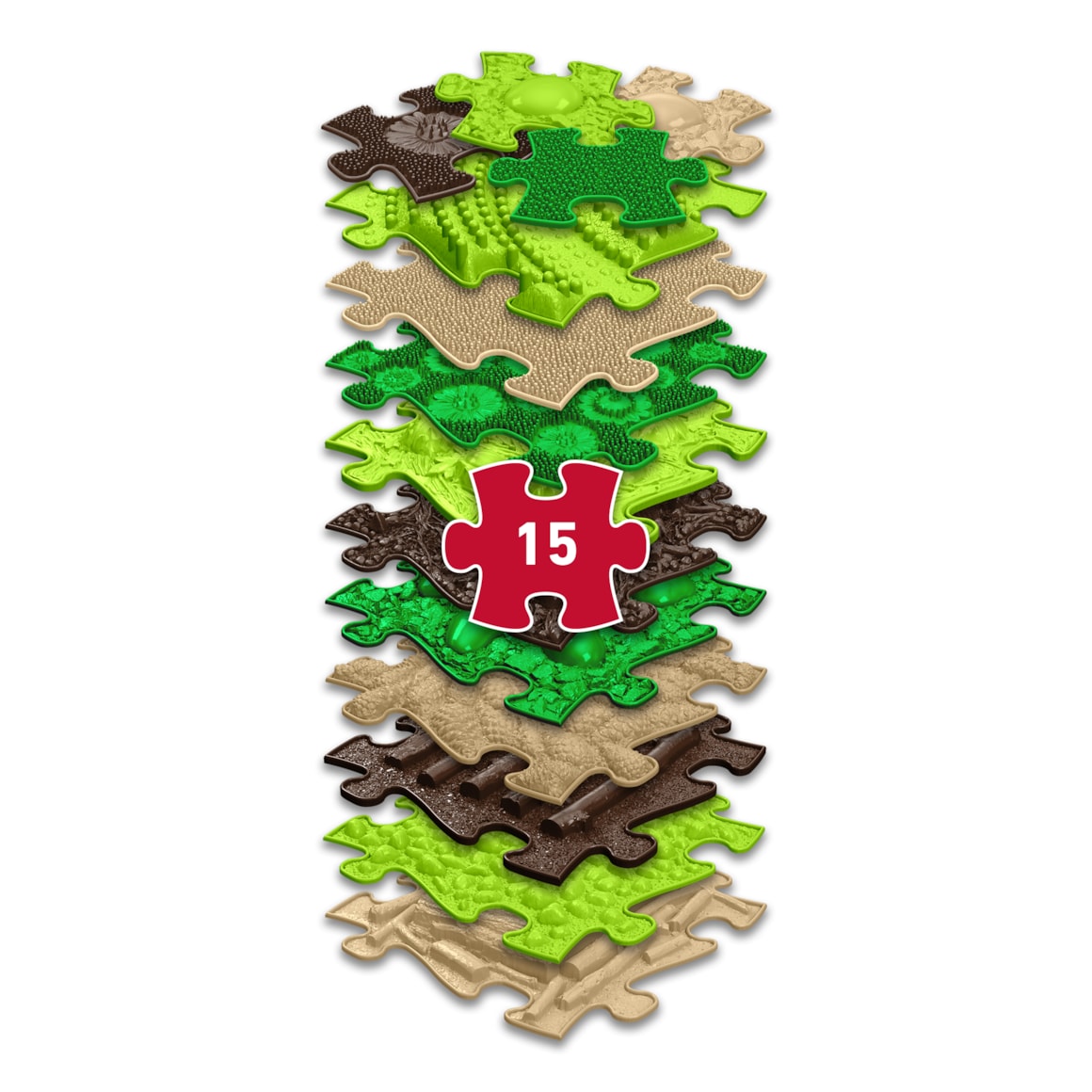Die Muffik Puzzlematten Natur ist inspiriert von natürlichen Oberflächen aus Wäldern und Wiesen. Jede Matte hat eine einzigartige Textur, die natürliche Oberflächen wie Gras, Wurzeln oder Kieselsteine nachahmt.