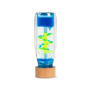 Entspannende Sensorikflasche Move Bottle Spiral Blue von Petit Boum – bunte Flüssigkeitströpfchen in Bewegung für Ruhe und visuelles Staunen.