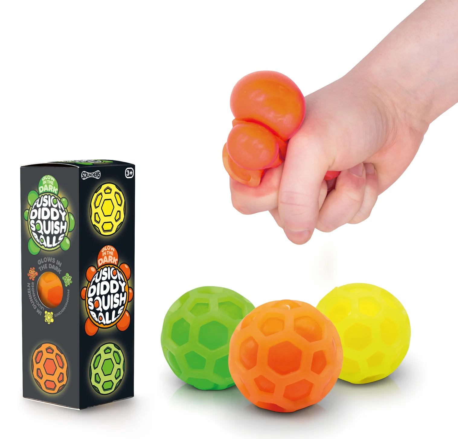 Scrunchems Squishy Neon Stressbälle, lustiges Set mit 3 Stück in einem robusten Netz, das beim Kneten einen überraschenden Effekt erzeugt. Schöner Geschenktipp