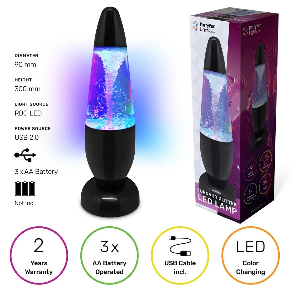 Atmosphärische Tornadolampe mit Glitzern und wechselnden Lichtfarben