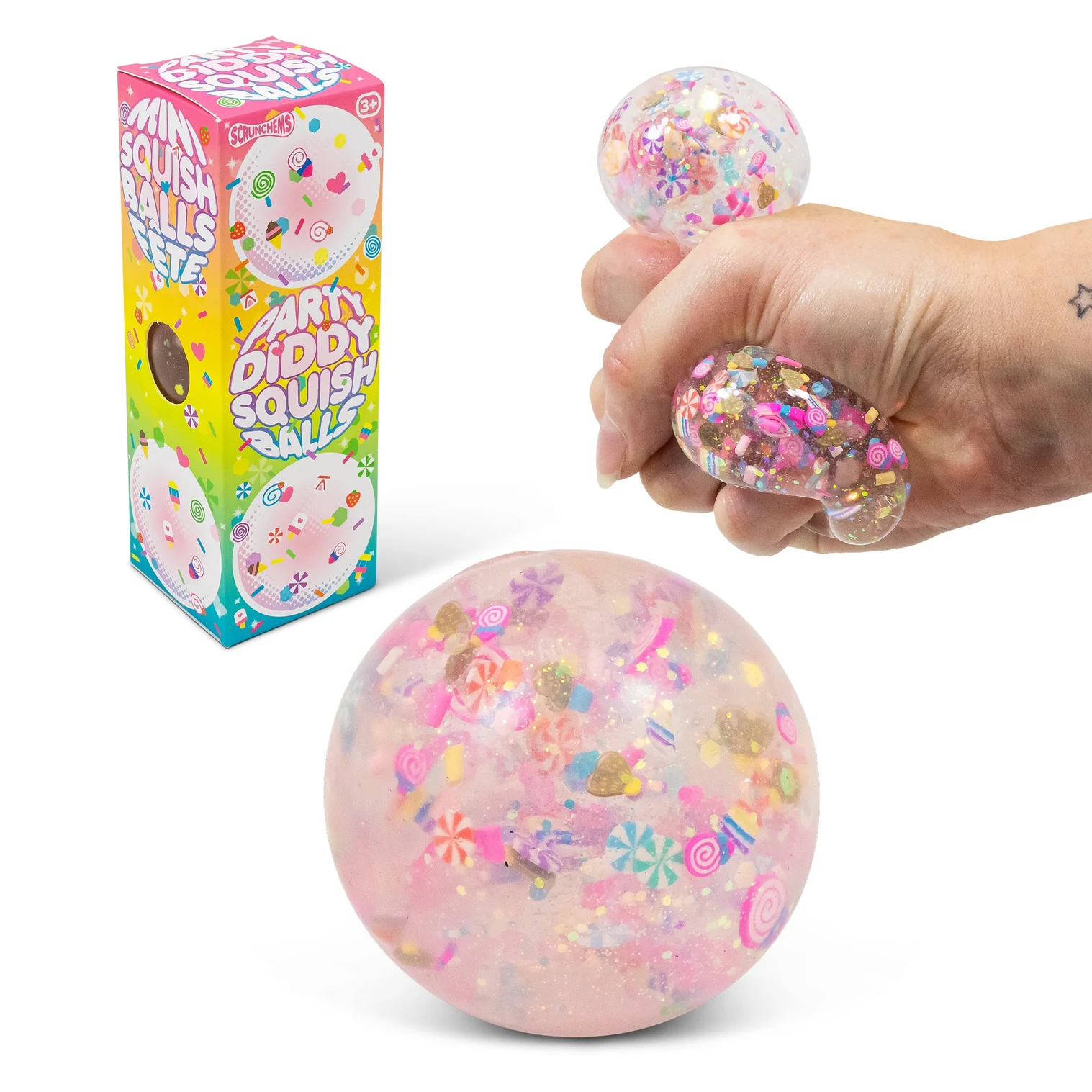 Bunte, weiche Bälle mit Partyfiguren. Ideales Fidget-Spielzeug gegen Anspannung und Unruhe. Hilft Kindern, sich zu entspannen und sich zu konzentrieren.