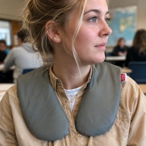 Teenager benutzt das Oliz Liz erschwerende Schulterkragen für bessere Konzentration und starken Druck im Falle einer Überstimulation in der Schule.
